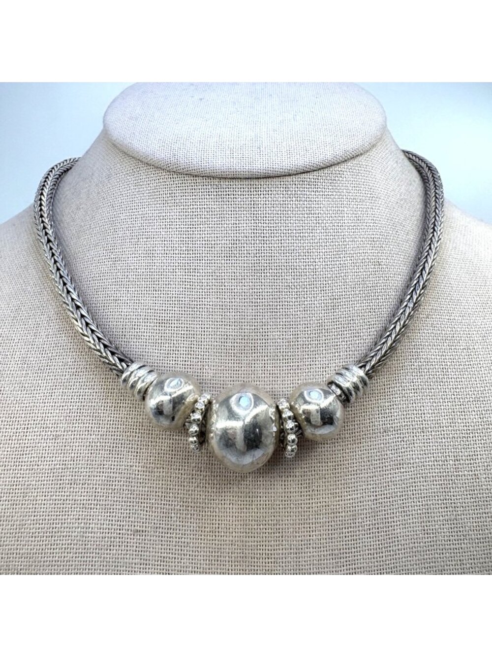 Beaded Design Wheat Link Chain Necklace Sterling Silver 925 Size 16" Length